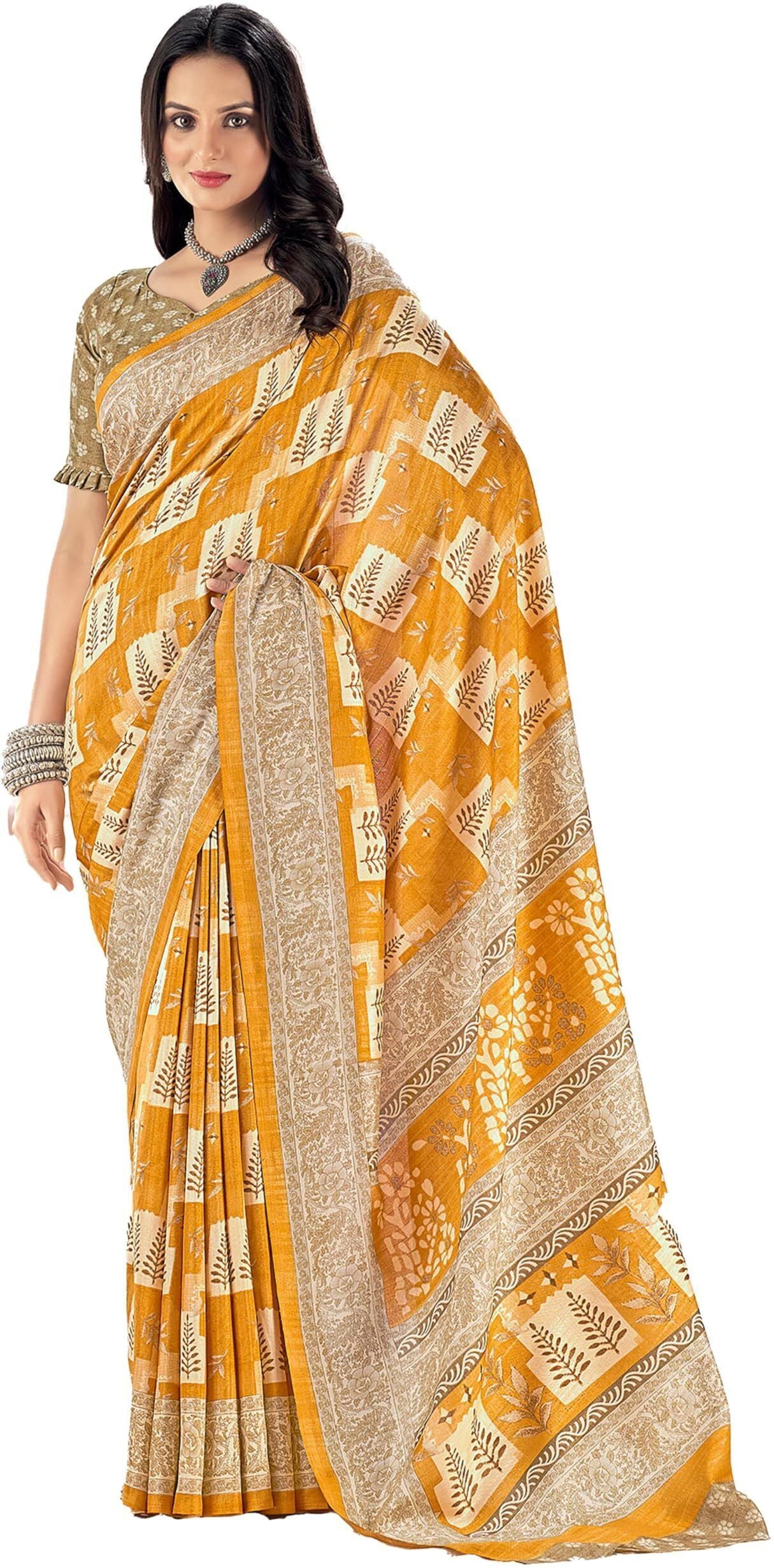 Printed Daily Wear Cotton Silk, Tussar Silk Saree (Gold)