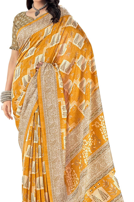 Printed Daily Wear Cotton Silk, Tussar Silk Saree (Gold)