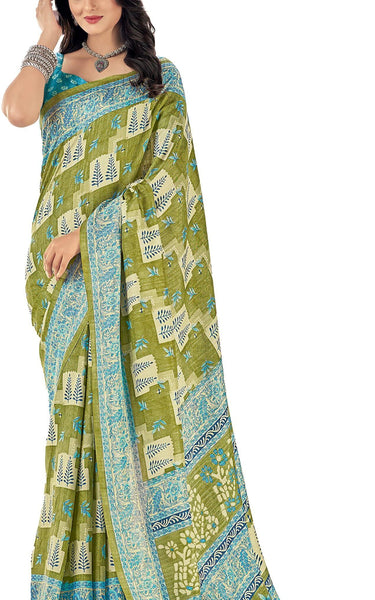Printed Daily Wear Cotton Silk, Tussar Silk Saree (Light Green)