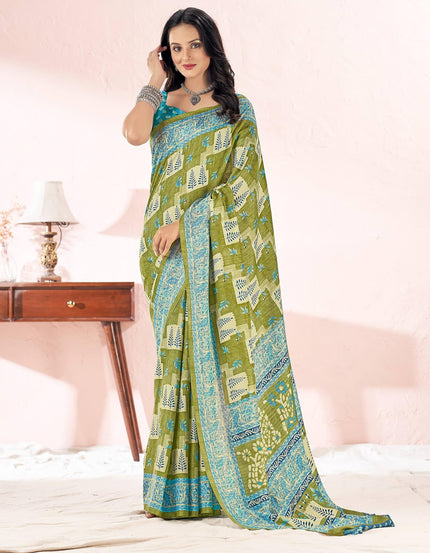 Printed Daily Wear Cotton Silk, Tussar Silk Saree (Light Green)