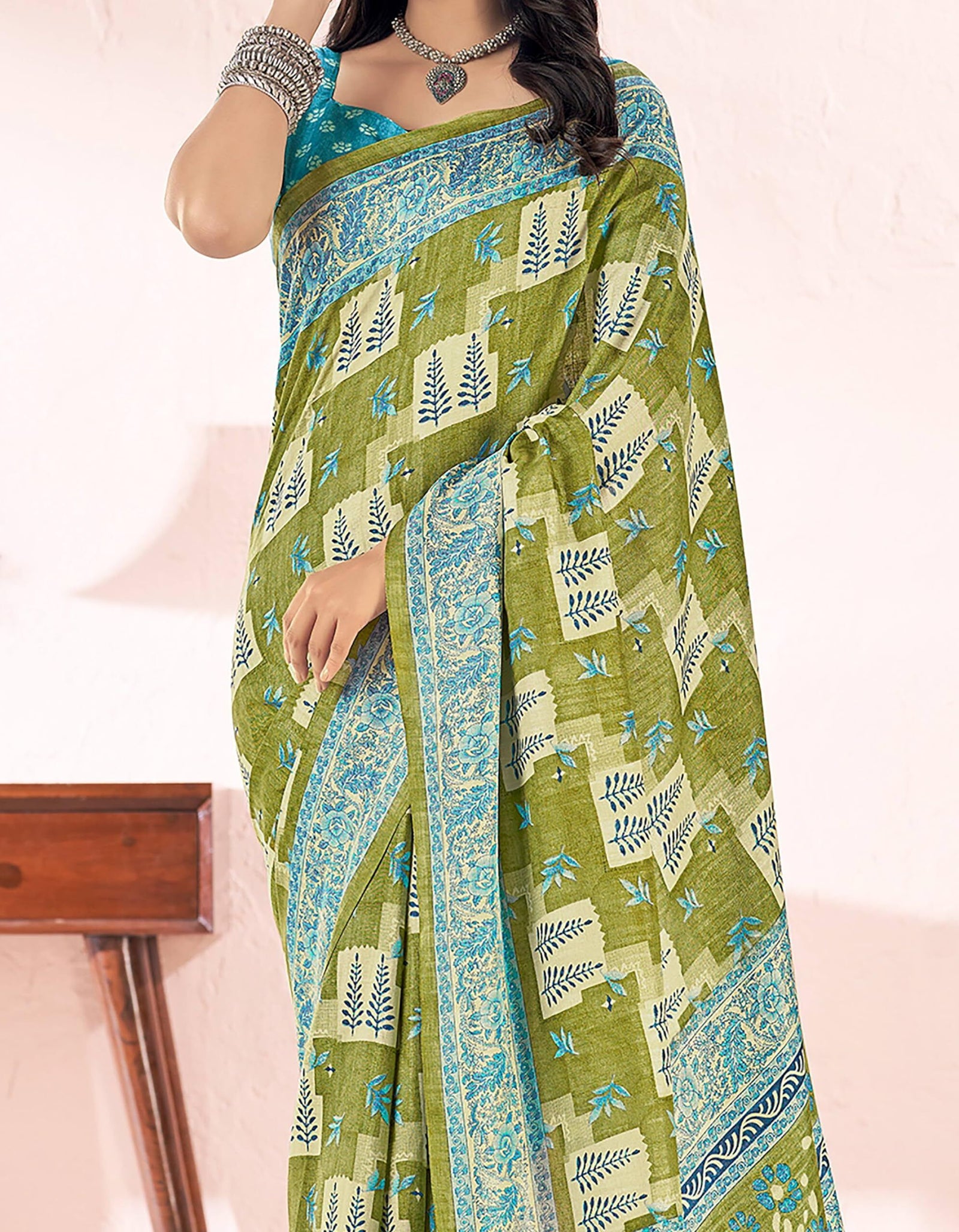 Printed Daily Wear Cotton Silk, Tussar Silk Saree (Light Green)
