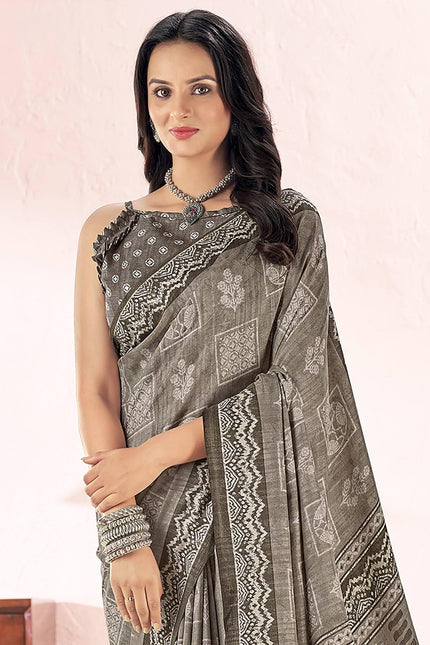Printed Daily Wear Cotton Silk, Tussar Silk Saree (Grey)