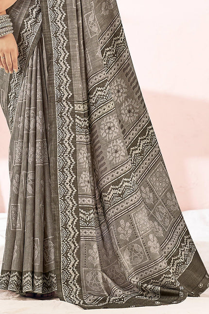 Printed Daily Wear Cotton Silk, Tussar Silk Saree (Grey)