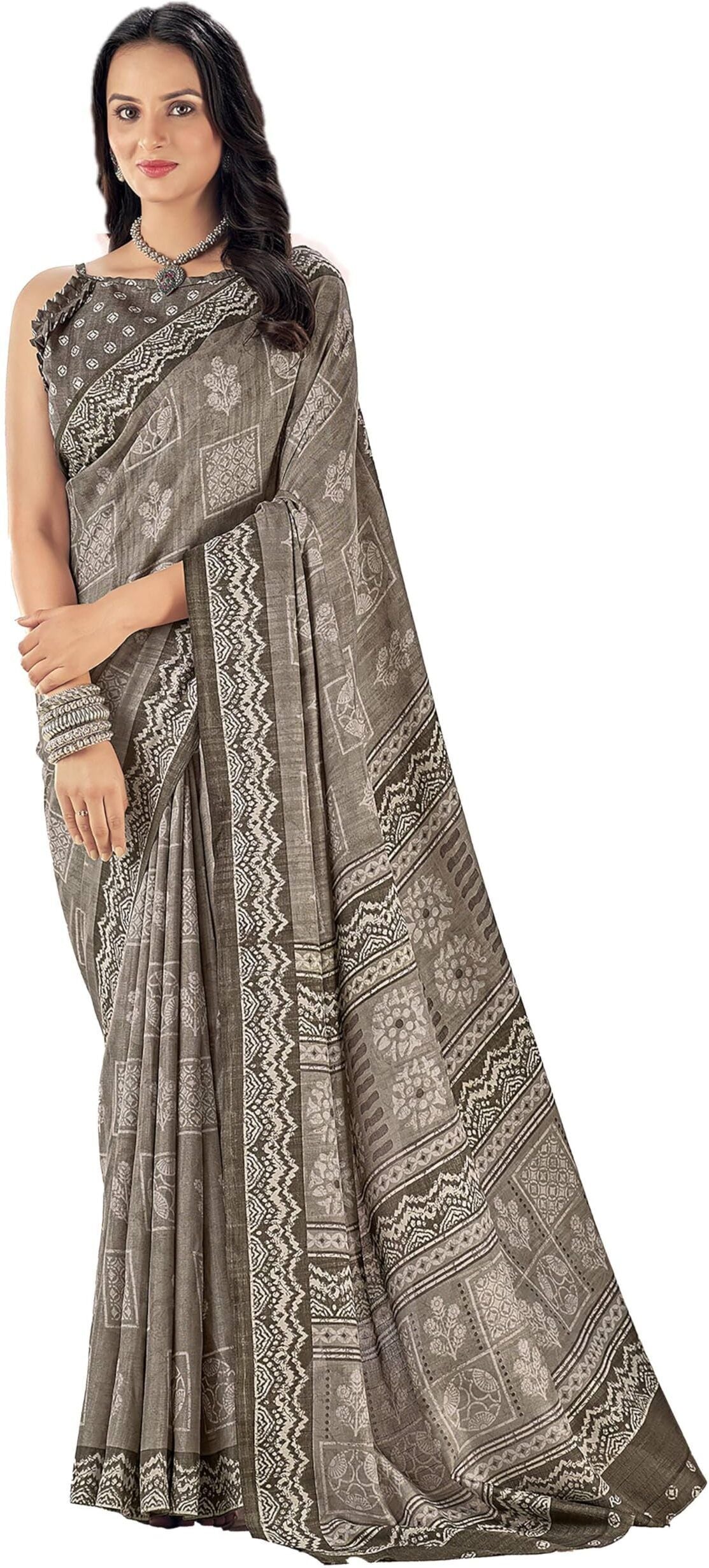 Printed Daily Wear Cotton Silk, Tussar Silk Saree (Grey)