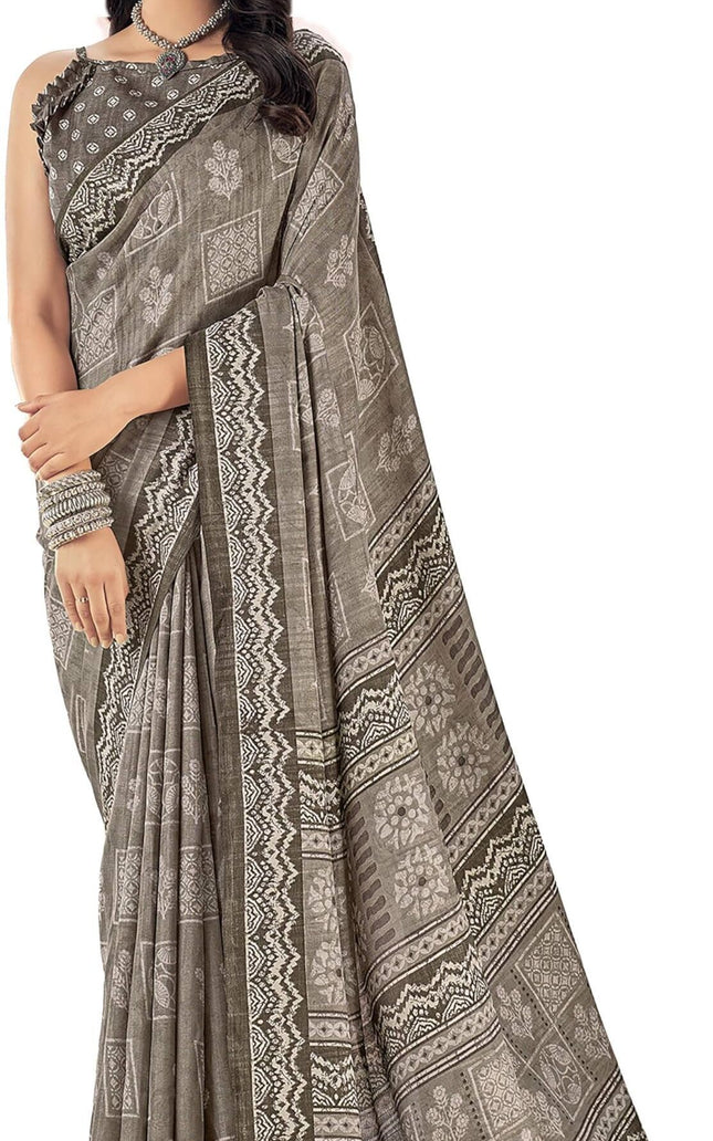 Printed Daily Wear Cotton Silk, Tussar Silk Saree (Grey)
