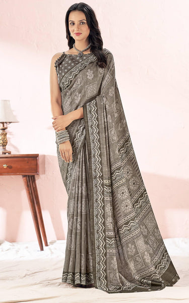 Printed Daily Wear Cotton Silk, Tussar Silk Saree (Olive Brown)