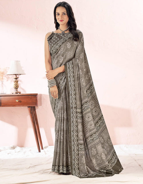 Printed Daily Wear Cotton Silk, Tussar Silk Saree (Olive Brown)