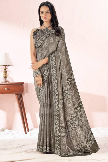 Printed Daily Wear Cotton Silk, Tussar Silk Saree (Grey)
