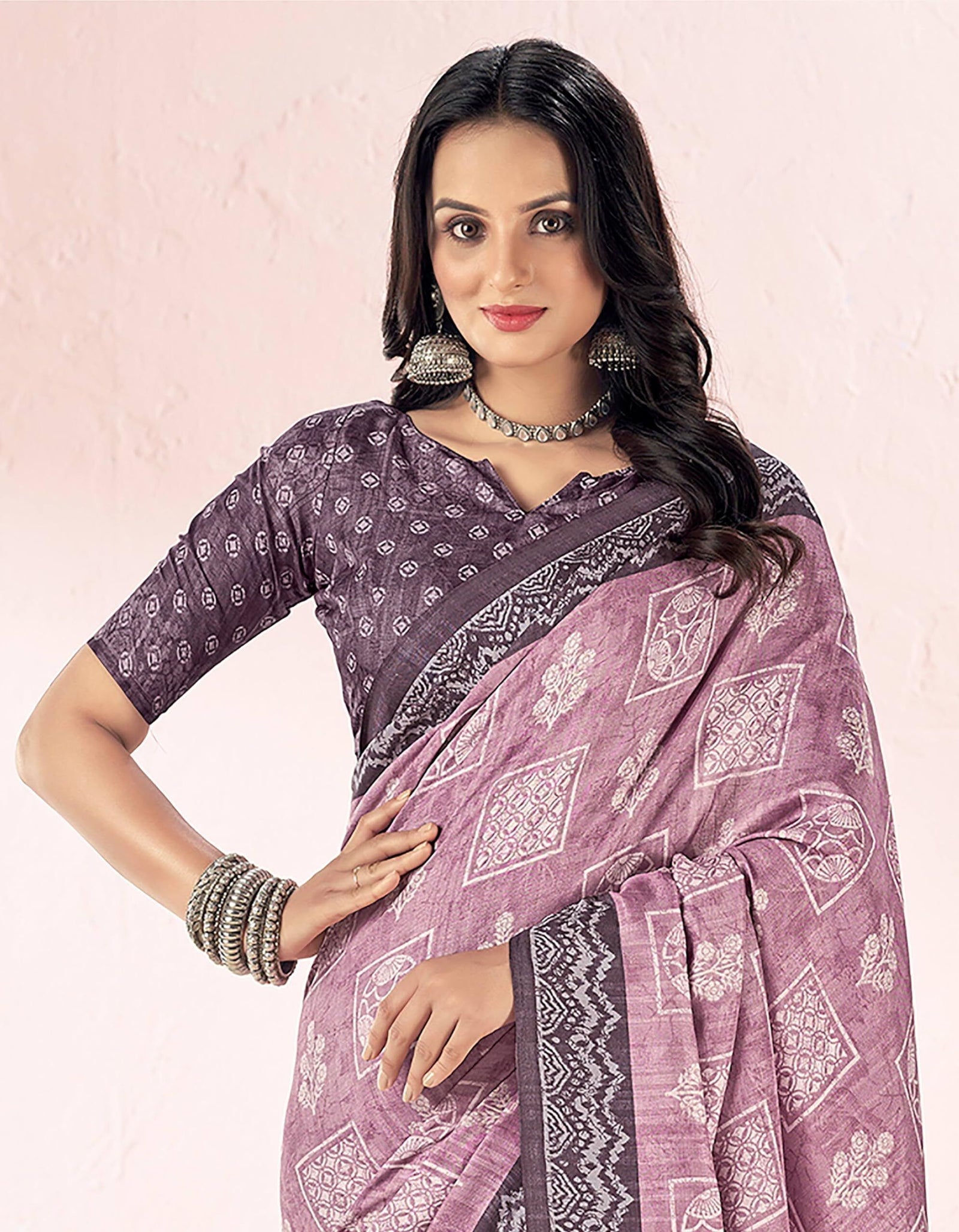 Printed Daily Wear Cotton Silk, Tussar Silk Saree (Dusty Purple)