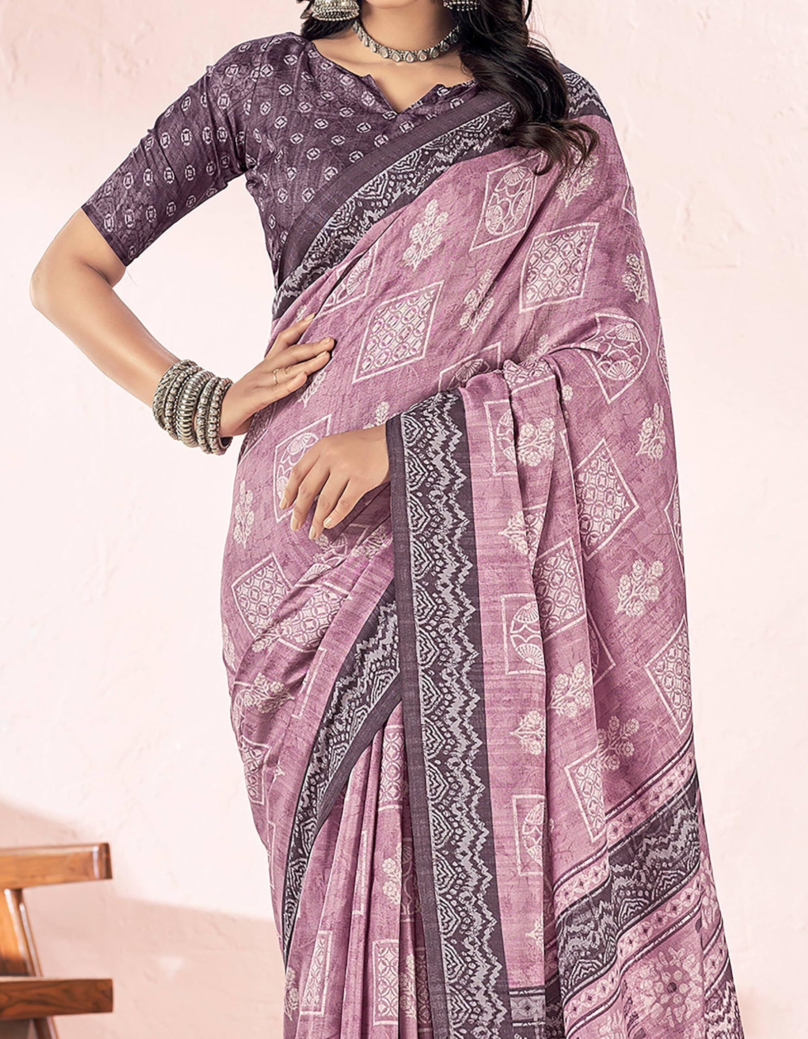 Printed Daily Wear Cotton Silk, Tussar Silk Saree (Dusty Purple)