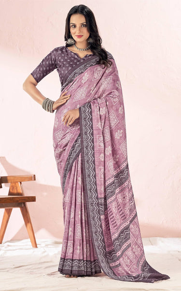 Fancy Multicolored printed, Chiffon saree with attached banarasi border (Magenta)