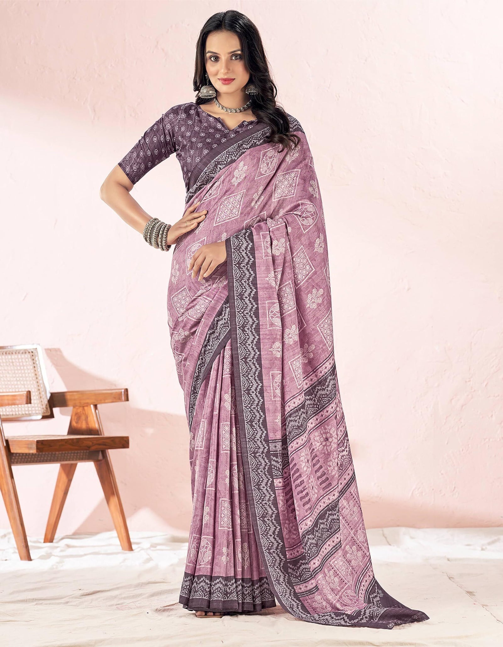 Printed Daily Wear Cotton Silk, Tussar Silk Saree (Dusty Purple)