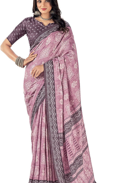 Fancy Multicolored printed, Chiffon saree with attached banarasi border (Magenta)