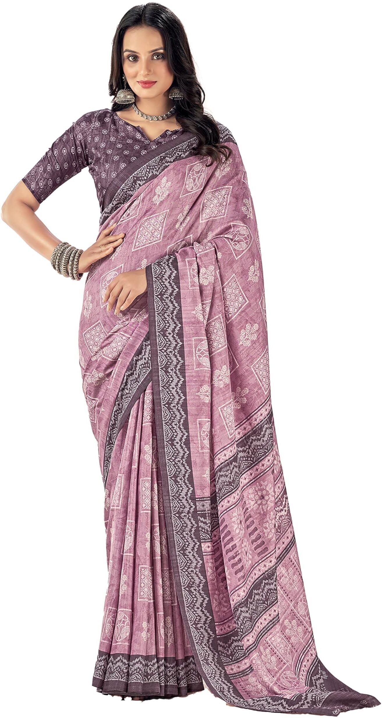 Printed Daily Wear Cotton Silk, Tussar Silk Saree (Dusty Purple)