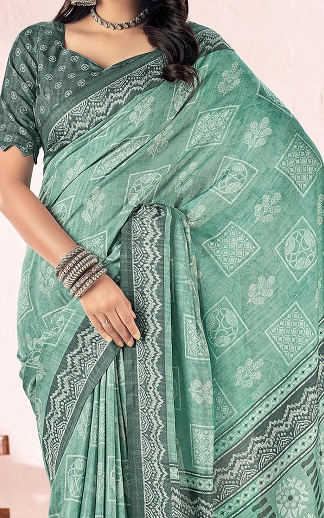 Blue Printed Cotton Silk Party & Festive Saree (Unstitched)