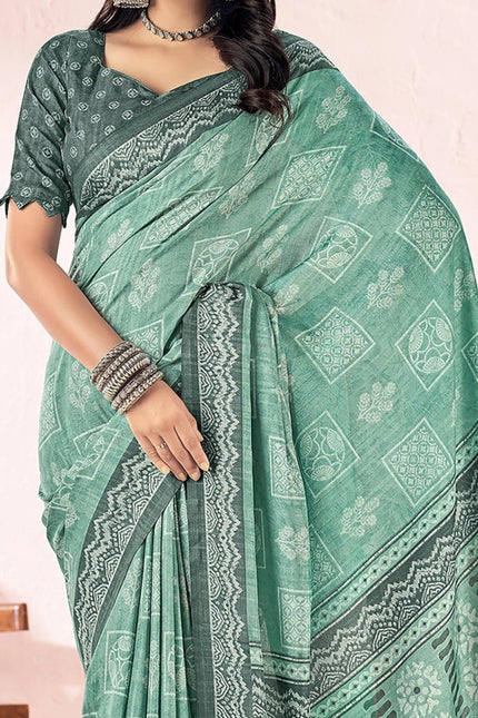 Blue Printed Cotton Silk Party & Festive Saree (Unstitched)