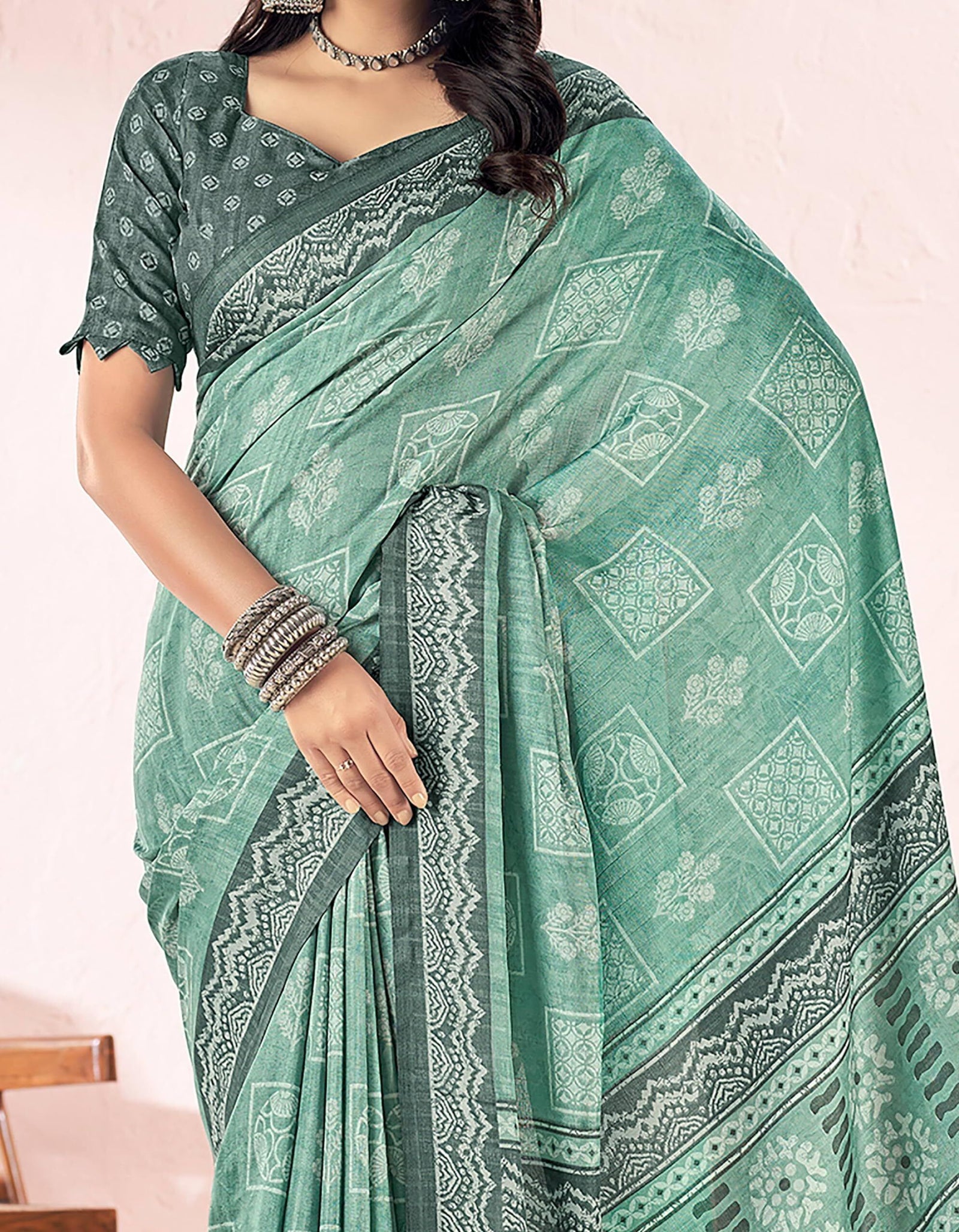 Printed Daily Wear Cotton Silk, Tussar Silk Saree (Sea Green)