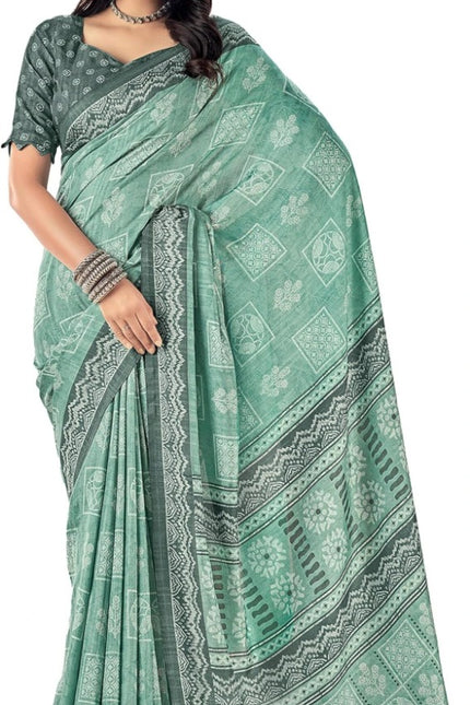 Blue Printed Cotton Silk Party & Festive Saree (Unstitched)
