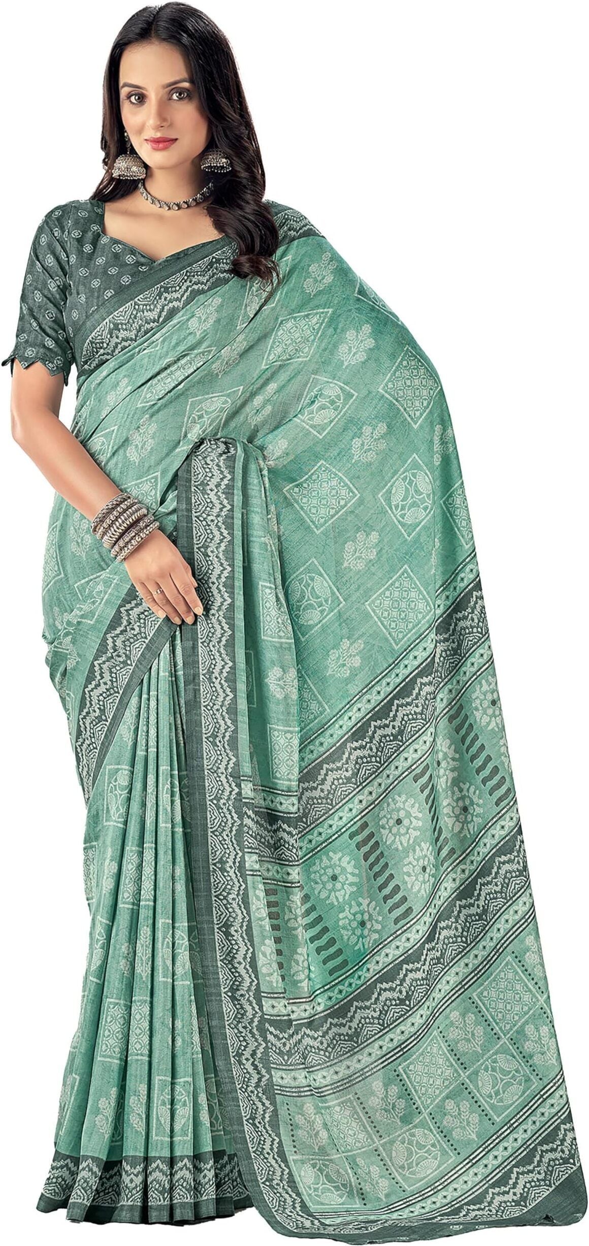 Printed Daily Wear Cotton Silk, Tussar Silk Saree (Sea Green)