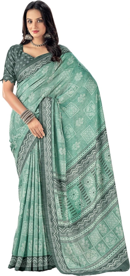 Blue Printed Cotton Silk Party & Festive Saree (Unstitched)