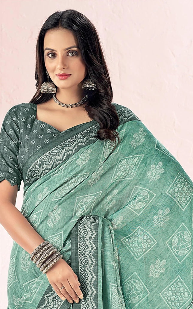 Blue Printed Cotton Silk Party & Festive Saree (Unstitched)