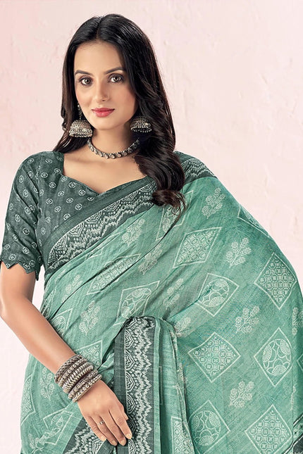 Blue Printed Cotton Silk Party & Festive Saree (Unstitched)
