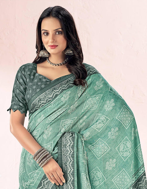 Applique, Floral Print Bandhani Chiffon, Lace Saree (Muted Green)