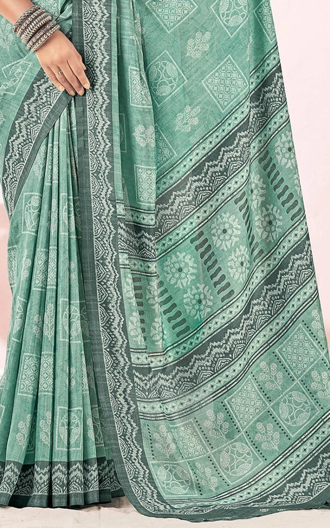 Blue Printed Cotton Silk Party & Festive Saree (Unstitched)
