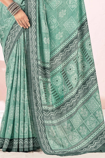 Blue Printed Cotton Silk Party & Festive Saree (Unstitched)