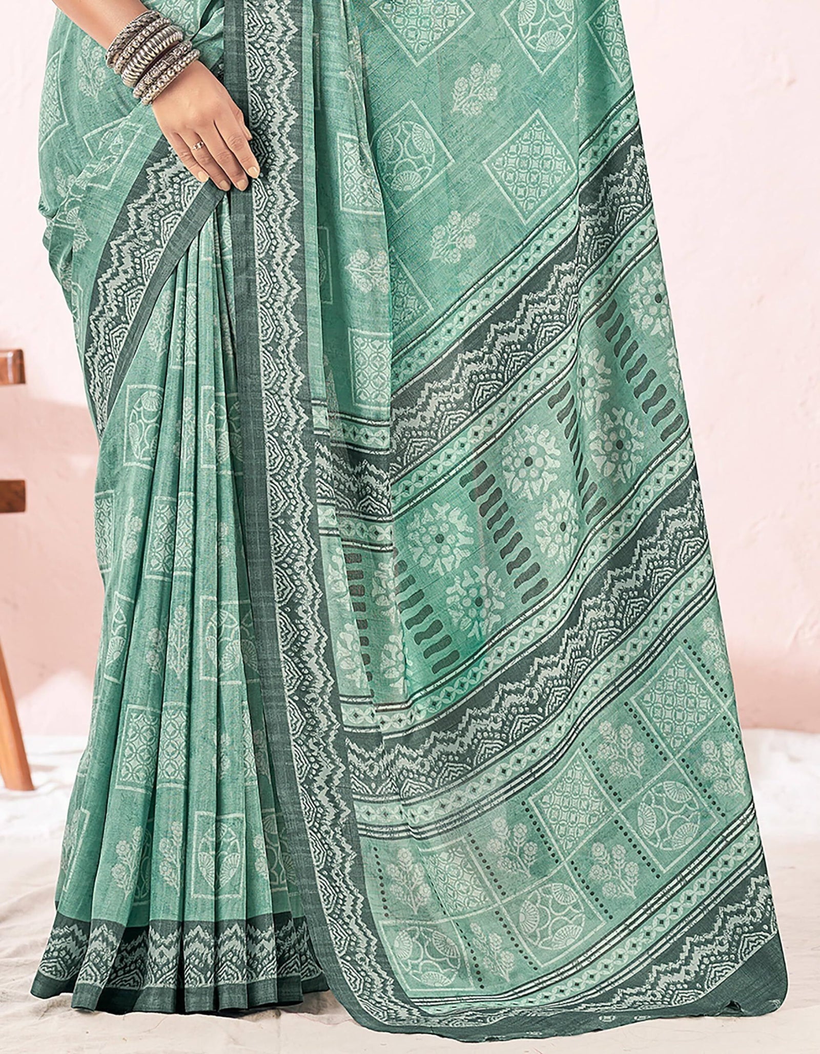 Printed Daily Wear Cotton Silk, Tussar Silk Saree (Sea Green)