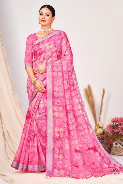 Checkered, Geometric Print, Printed Chanderi Cotton Blend, Dupion Silk Saree (Pink)