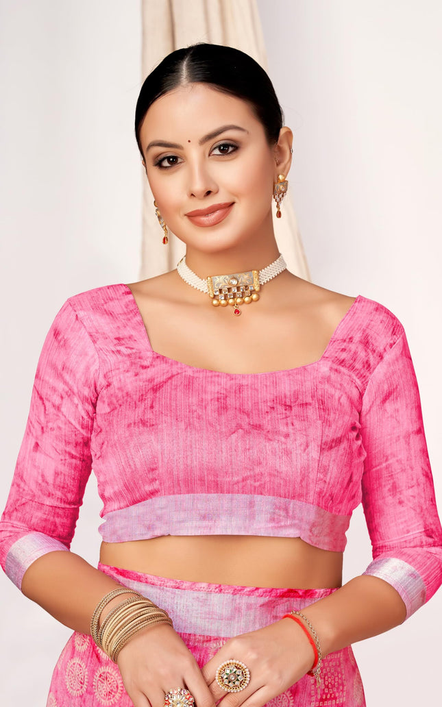 Checkered, Geometric Print, Printed Chanderi Cotton Blend, Dupion Silk Saree (Pink)