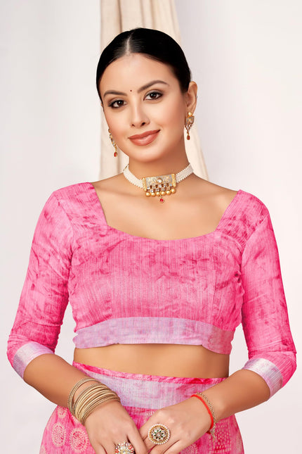 Checkered, Geometric Print, Printed Chanderi Cotton Blend, Dupion Silk Saree (Pink)