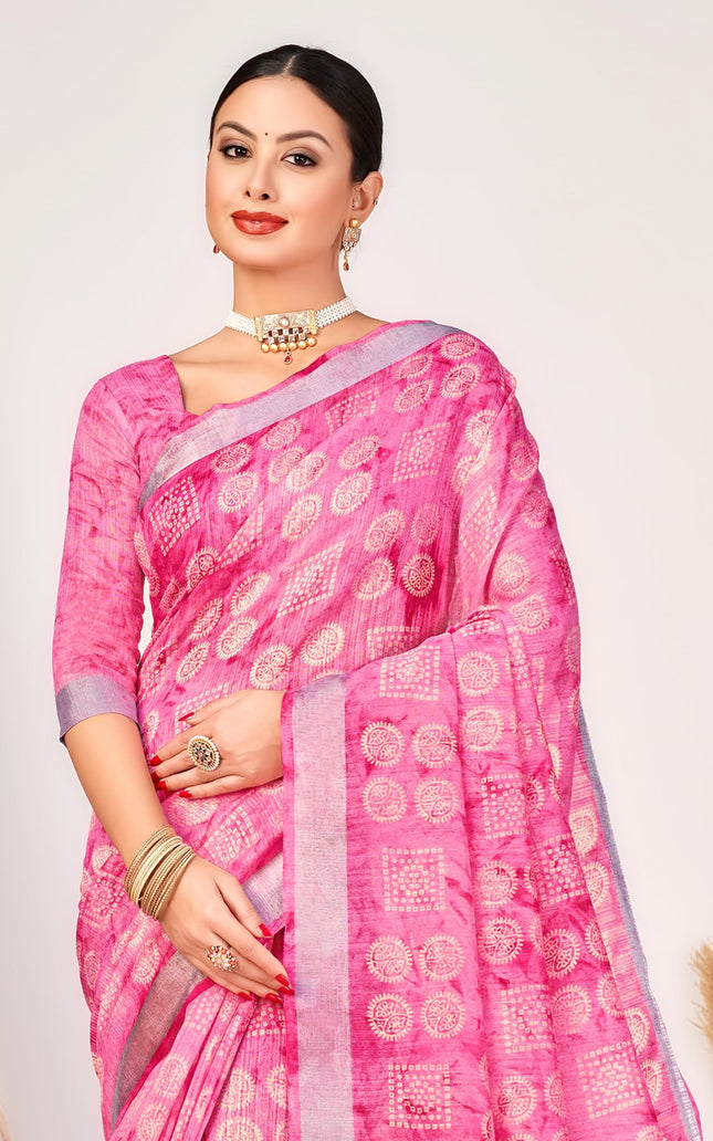Checkered, Geometric Print, Printed Chanderi Cotton Blend, Dupion Silk Saree (Pink)