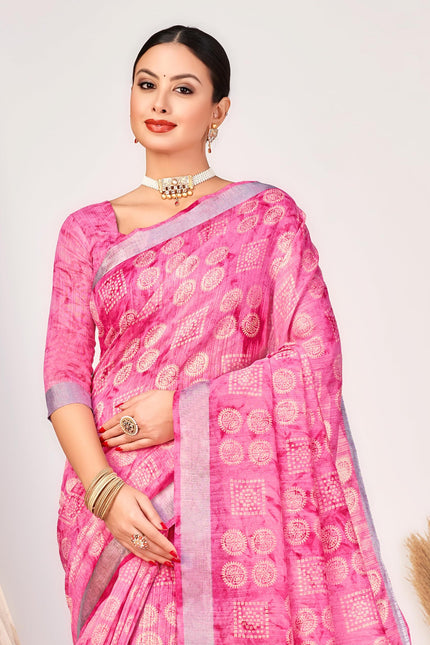 Checkered, Geometric Print, Printed Chanderi Cotton Blend, Dupion Silk Saree (Pink)
