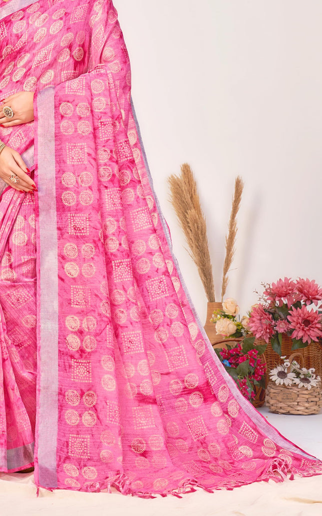 Checkered, Geometric Print, Printed Chanderi Cotton Blend, Dupion Silk Saree (Pink)