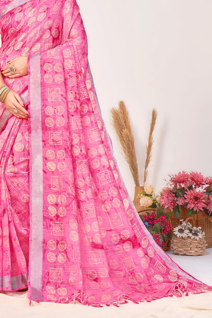 Checkered, Geometric Print, Printed Chanderi Cotton Blend, Dupion Silk Saree (Pink)