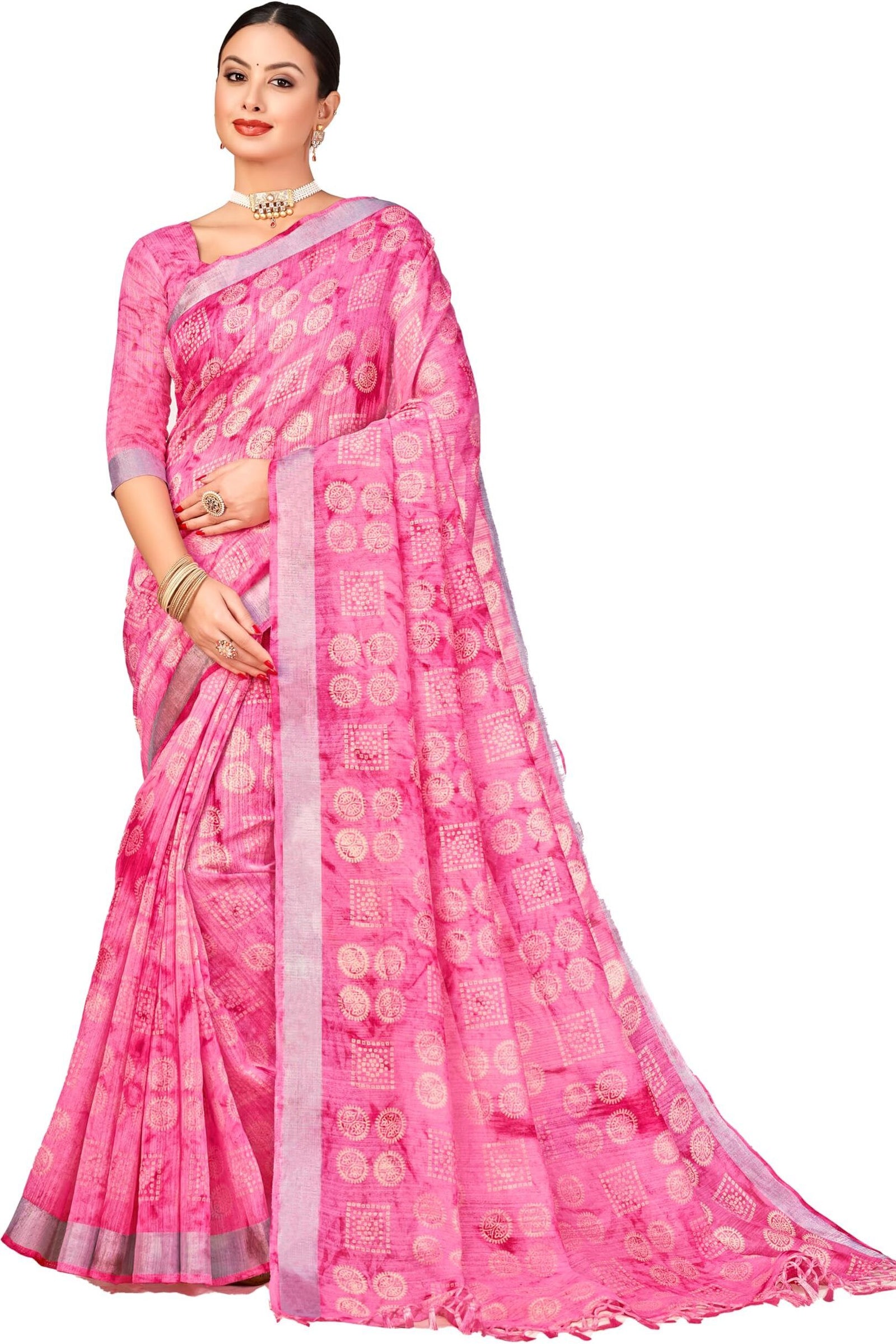 Cotton blend Printed Saree With Tassels (Pink)