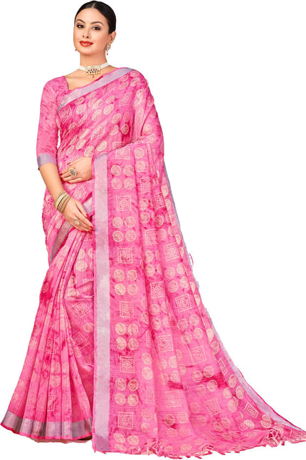 Checkered, Geometric Print, Printed Chanderi Cotton Blend, Dupion Silk Saree (Pink)