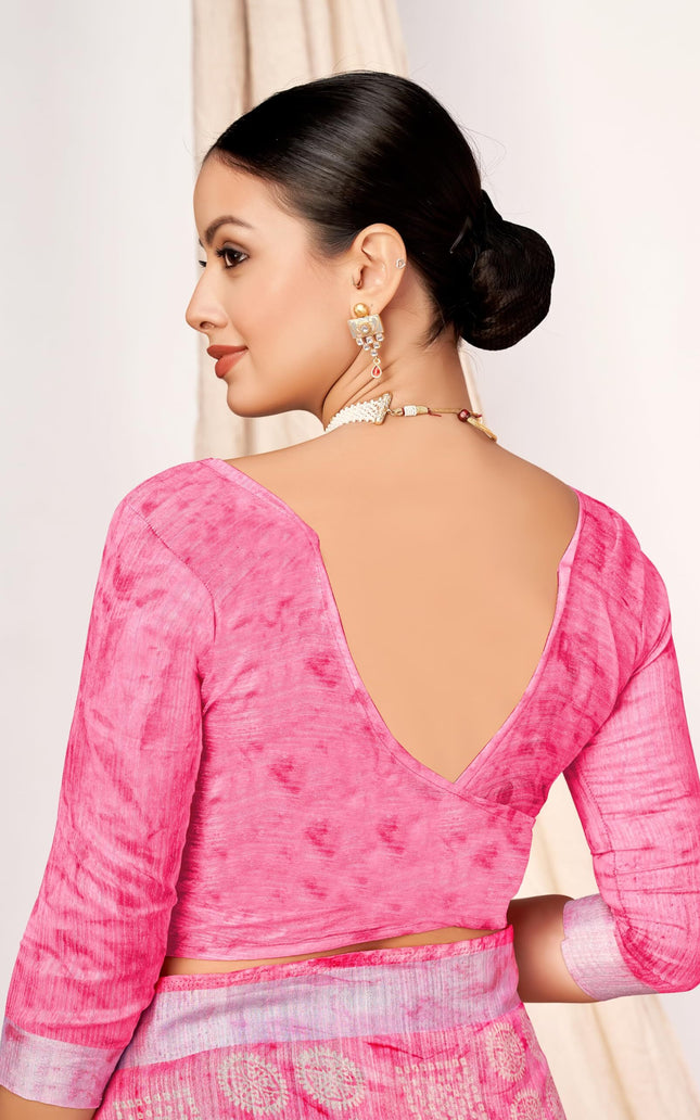 Checkered, Geometric Print, Printed Chanderi Cotton Blend, Dupion Silk Saree (Pink)