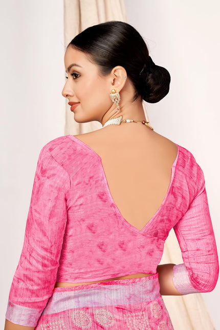 Checkered, Geometric Print, Printed Chanderi Cotton Blend, Dupion Silk Saree (Pink)