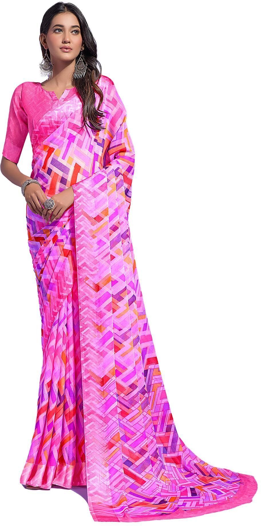 Geometric Print Daily Wear Chiffon Saree (Multicolor)