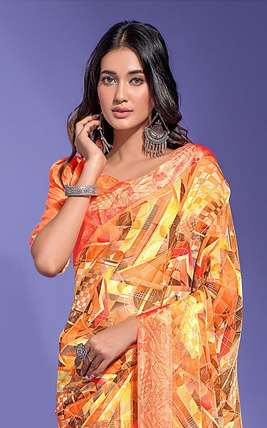 Flower Printed, Fancy Chiffon Sarees with attached fancy work border