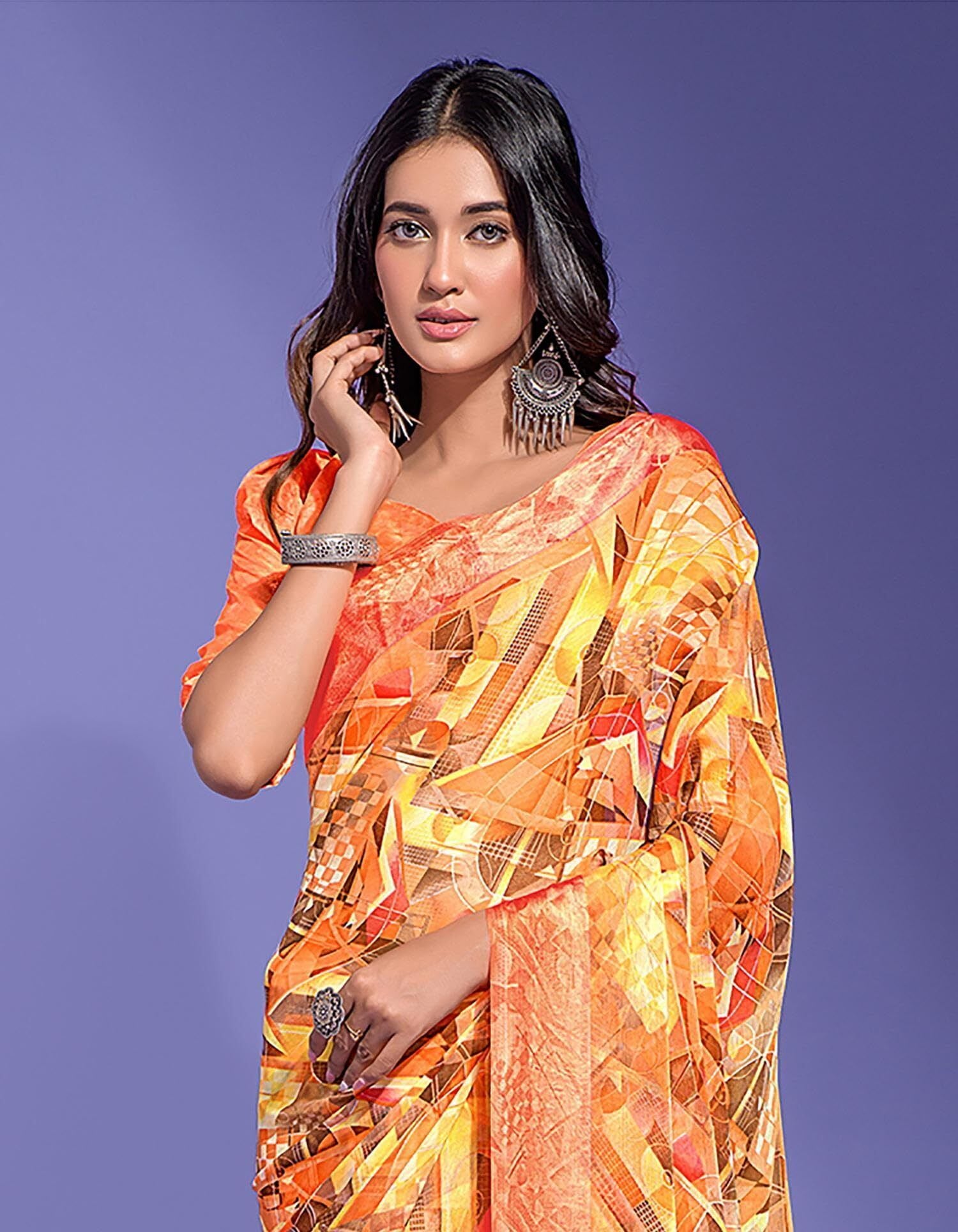 Geometric Print Daily Wear Chiffon Saree (Multicolor)