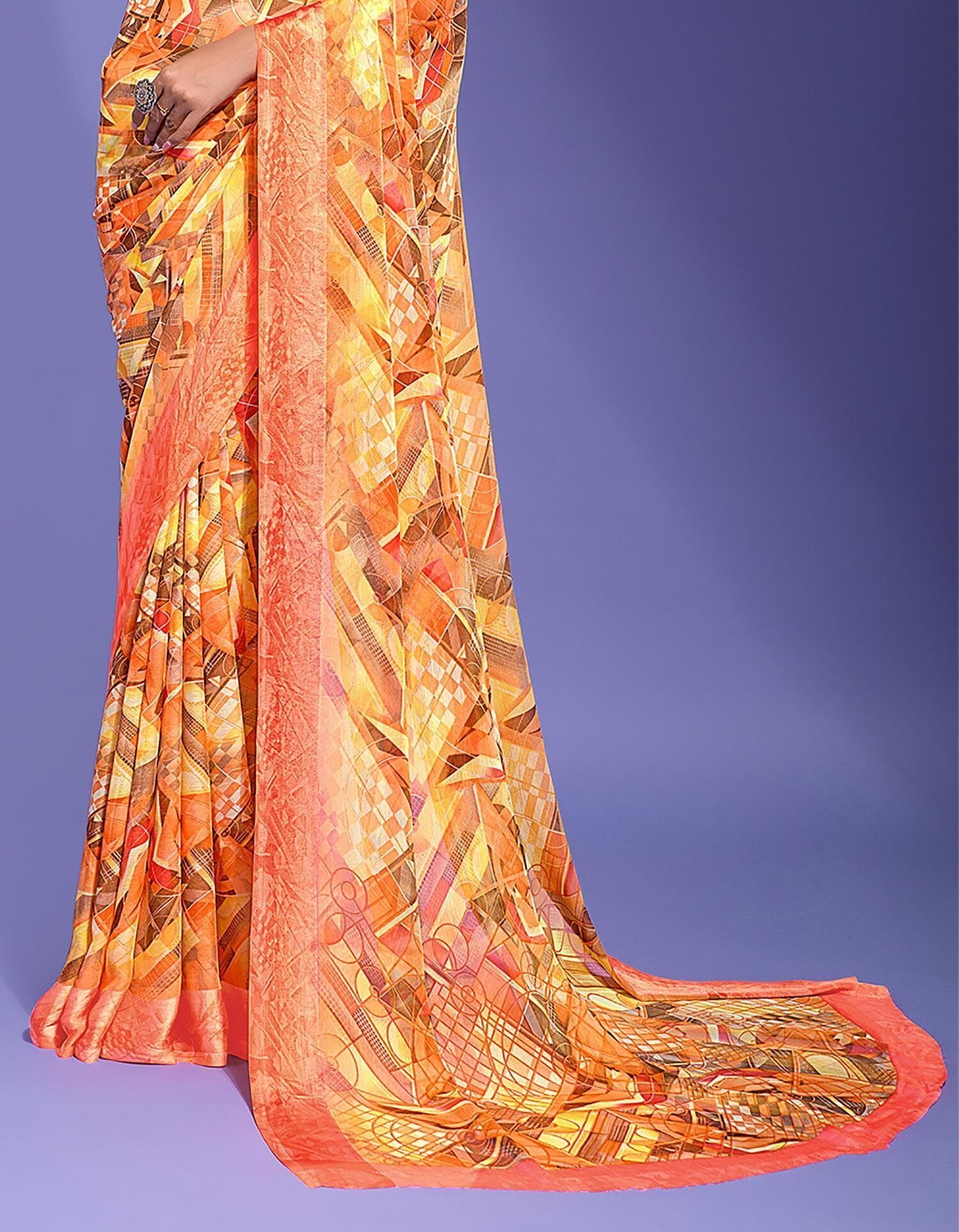 Geometric Print Daily Wear Chiffon Saree (Multicolor)
