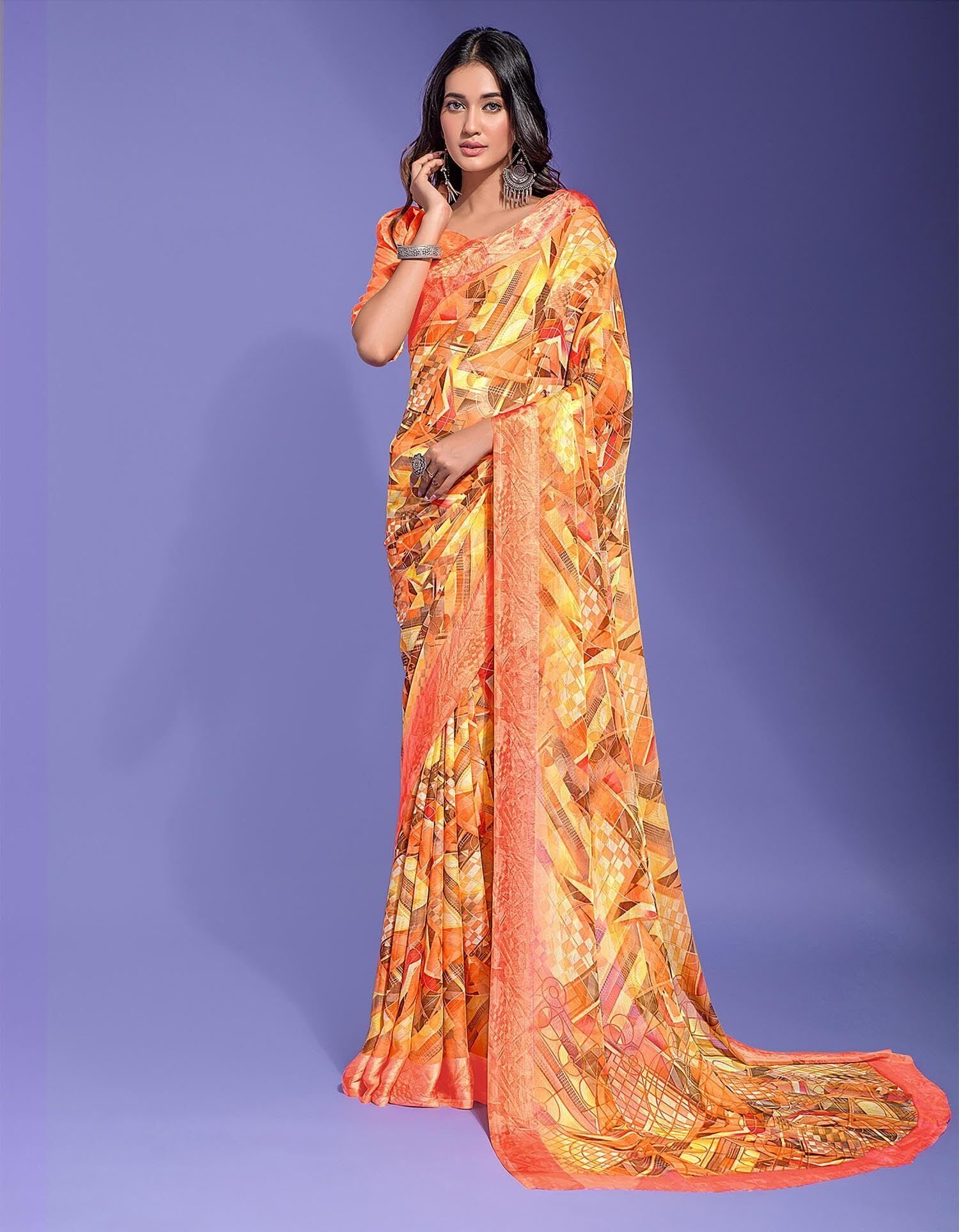Geometric Print Daily Wear Chiffon Saree (Multicolor)