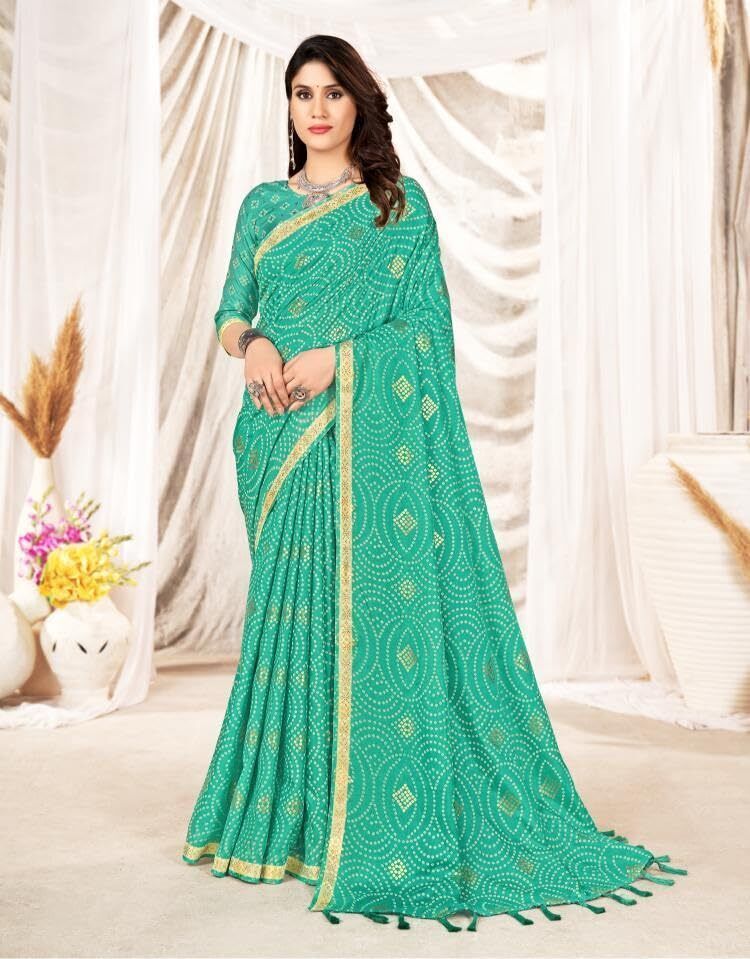 Silk Blend with Foil Print and Tassels (Sea Green)