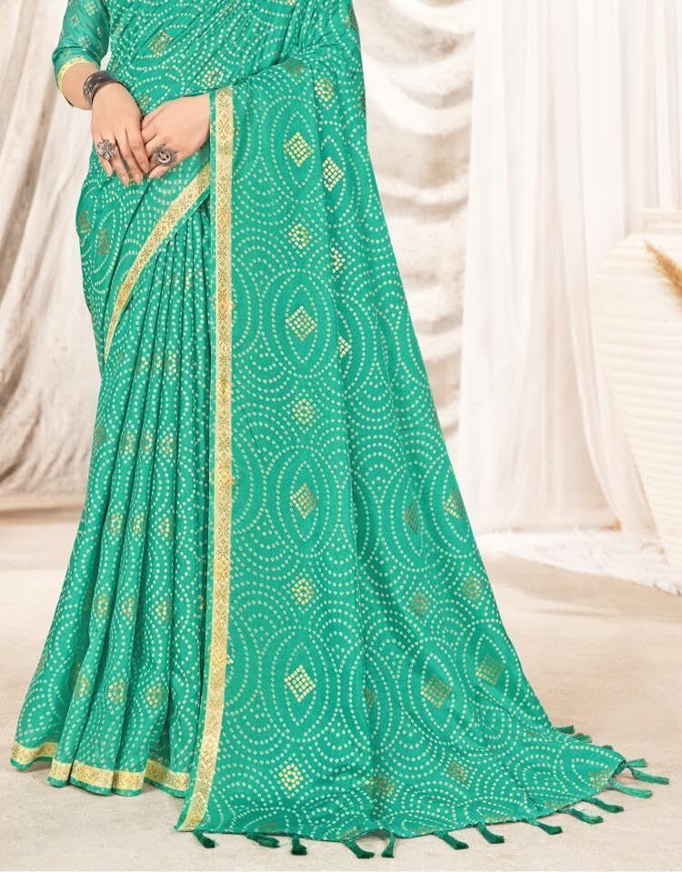 Silk Blend with Foil Print and Tassels (Sea Green)