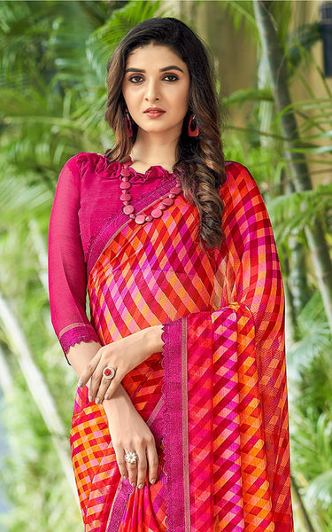 Geometric Print, Graphic Print Bollywood Chiffon, Lace Saree (Red Pink)