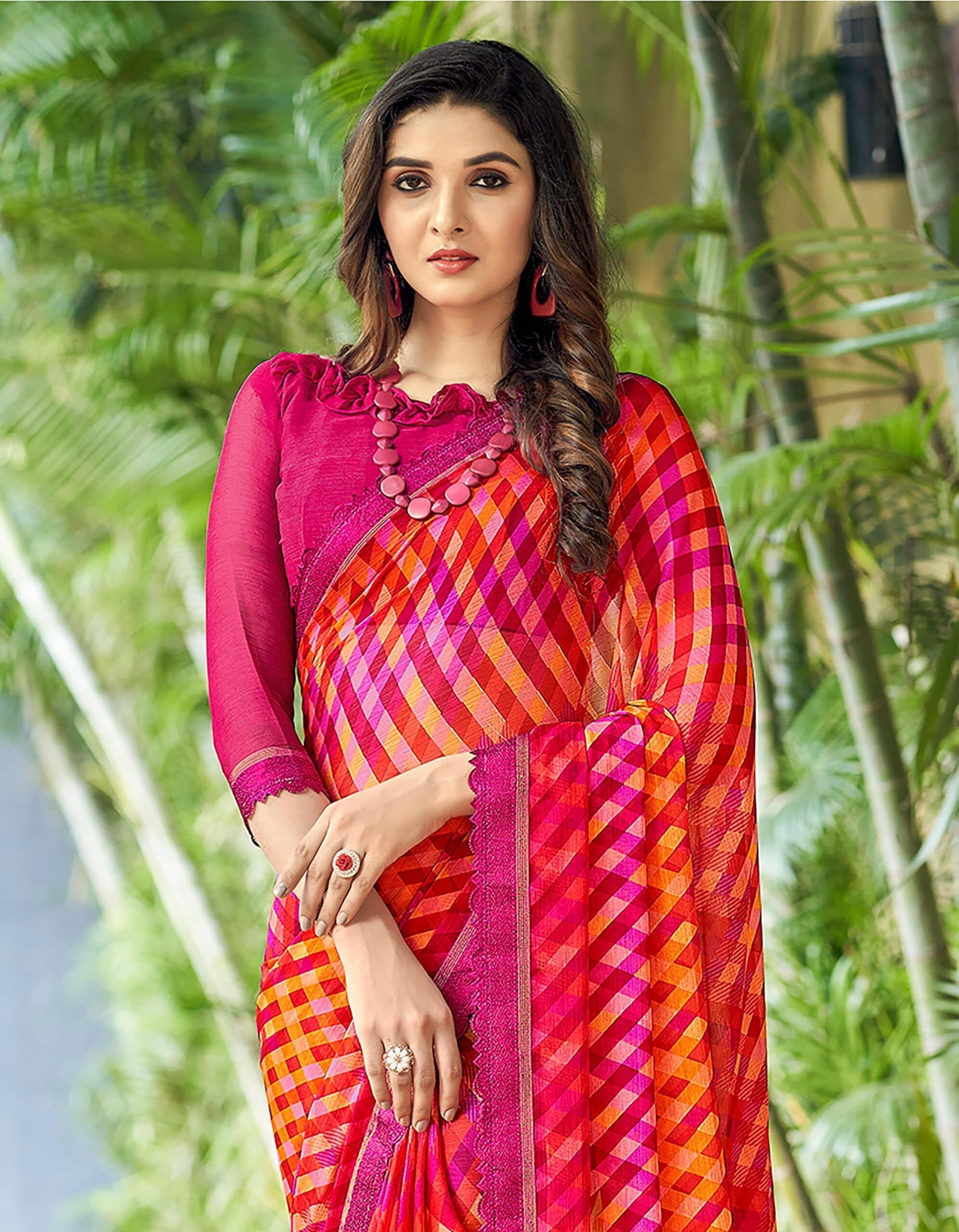 Geometric Print, Graphic Print Bollywood Chiffon, Lace Saree (Red Pink)